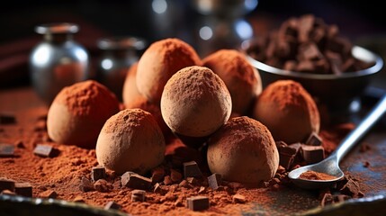 Freshly Made Dark Chocolate Truffles Dusted with Fine Cocoa Powder. Generative AI