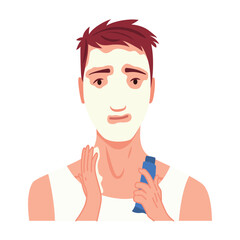 Man shaving. Male character grooming, does personal skincare routine. Cleansed and treated his face action. Flat vector illustration isolated on white background