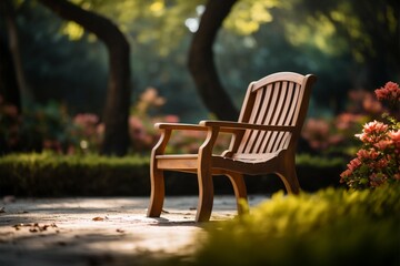 Fototapeta premium Natures embrace wooden chair amid gardens blur, inviting relaxation