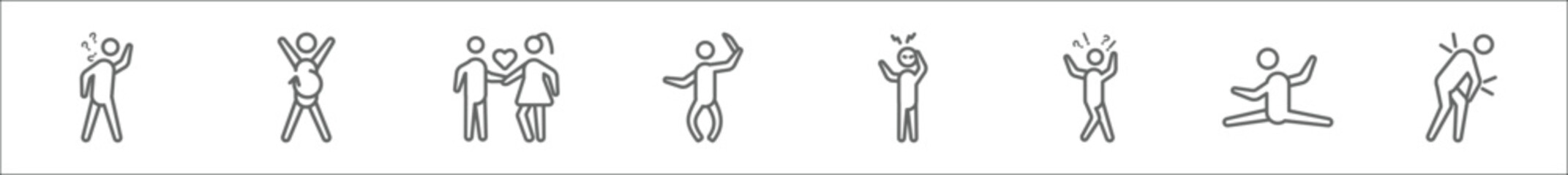 outline set of feelings line icons. linear vector icons such as confused human, refreshed human, in love human, horrible frustrated surprised silly exhausted