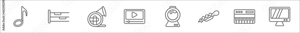 Poster outline set of music and media line icons. linear vector icons such as eighth note, whole rest, fren