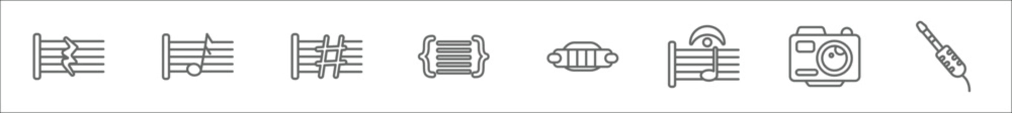 outline set of music line icons. linear vector icons such as quarter note rest, semiquaver, sharp, bracket, harmonica, fermata, photo camera, jack connector
