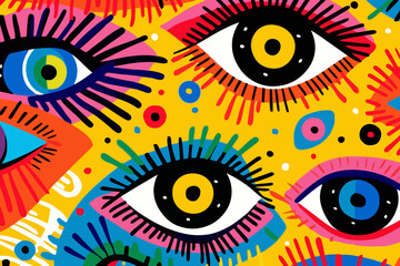 Bold, bright mascara quirky doodle pattern, wallpaper, background, cartoon, vector, whimsical Illustration