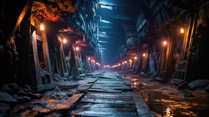 Collapsed Timbered Underground Tunnel in Abandoned Copper Mine. Industrial Relic