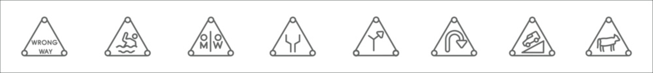 outline set of traffic sign line icons. linear vector icons such as wrong way, swimming, wc, wide road, y intersection, u turn, steep descent, cattle