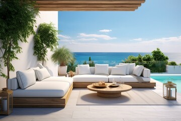Outdoor terrace with a sofa, garden, and sea view in a modern beach house or luxury villa. Cozy home patio with a 3D rendering. Generative AI