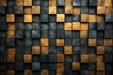 Abstract wall of varied shaped cubes with golden and black edges. Generative AI
