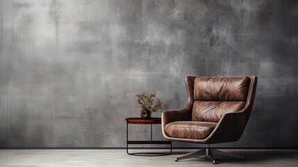 Minimalist interior design with empty concrete gray wall, modern armchair. Generation AI