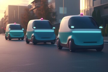 Group of autonomous delivery robots, van, and drone beside a road. Concept of automatic delivery system. 3D rendered image. Generative AI
