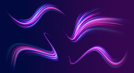 A set of light lines in the form of swirls and waves. light road in the form of a swirl, neon color. Speed line with sports cars.	
