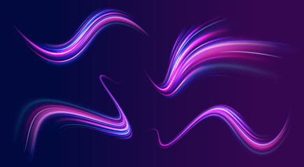 Fototapeta premium A set of light lines in the form of swirls and waves. light road in the form of a swirl, neon color. Speed line with sports cars. 
