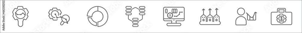 Poster outline set of business line icons. linear vector icons such as stock data analysis, sine waves anal