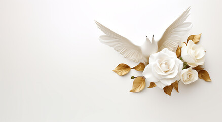 Pomba da paz e rosas brancas, folhas douradas. - obrazy, fototapety, plakaty