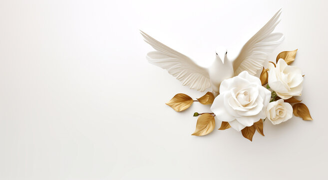 Pomba da paz e rosas brancas, folhas douradas.