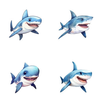 set of happy cute shark watercolor illustrations for printing on baby clothes, pattern, sticker, postcards, print, fabric, and books