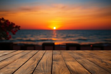 Fototapeta na wymiar Oceanic elegance An empty wooden table framed by a stunning, blurred sea sunset