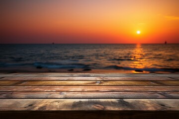 Fototapeta na wymiar Oceanic ambiance An empty wooden table framed by a beautiful, blurred sea sunset