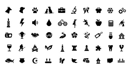 Big Icon Set: Camera, Running, Puzzle, Laboratory, Dog, Paw, Teeth, Fire, Butterfly, Handshake And Many More.