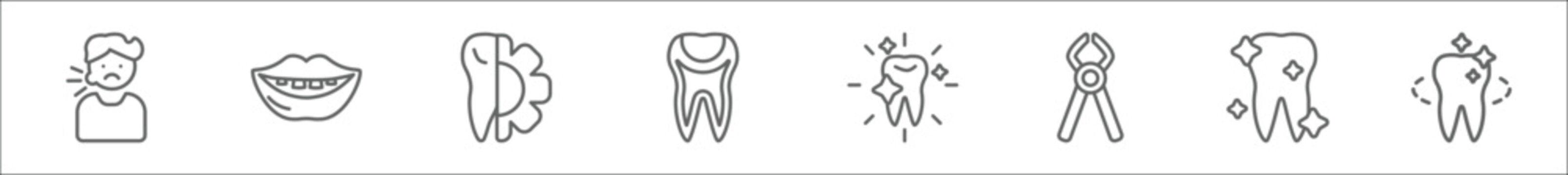 outline set of dentist line icons. linear vector icons such as sick boy, mouth, apicoectomy, tooth filling, white teeth, tooth pliers, shiny tooth, whitening