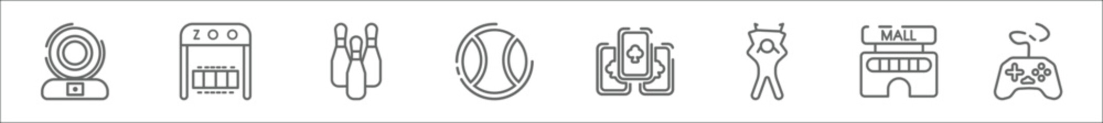 Fototapeta premium outline set of entertainment line icons. linear vector icons such as crystal, zoo, bowling pins, sports ball, ace of clubs, puppet show, mall, gamepad