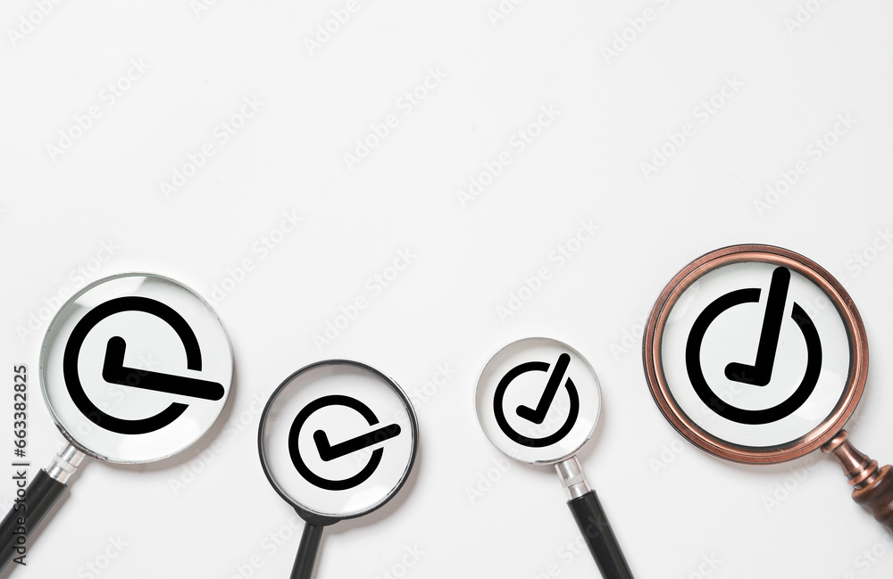 Poster Four correct sign mark and tick symbol inside of magnifier glass on white background for document approval of quality control assurance and accept project concept.