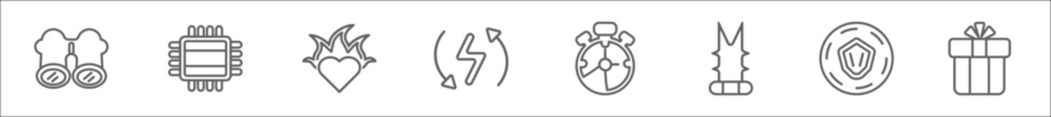 outline set of general line icons. linear vector icons such as binocular, patch crop, heart in flames, renewable energy label, analog stopwatch, dyupel, insurance with a button, gift box with ribbon