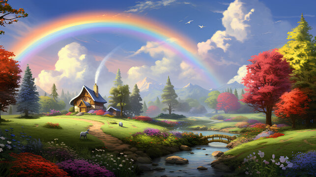 The sky after the rain is refreshed with rainbows, meadows, and swans, small wooden house, wallpaper