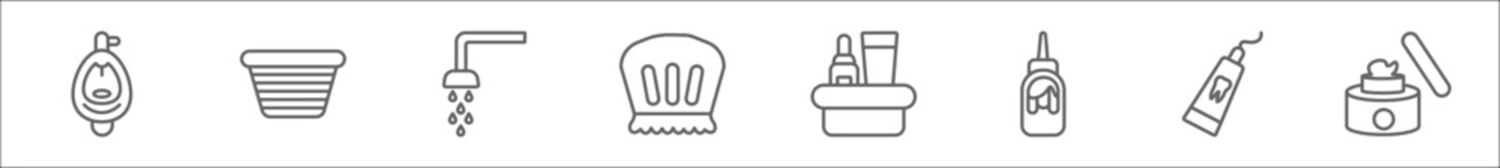 outline set of hygiene line icons. linear vector icons such as urinal, laundry basket, douche, shower cap, hygiene kit, hair tonic, tooth paste, body cream