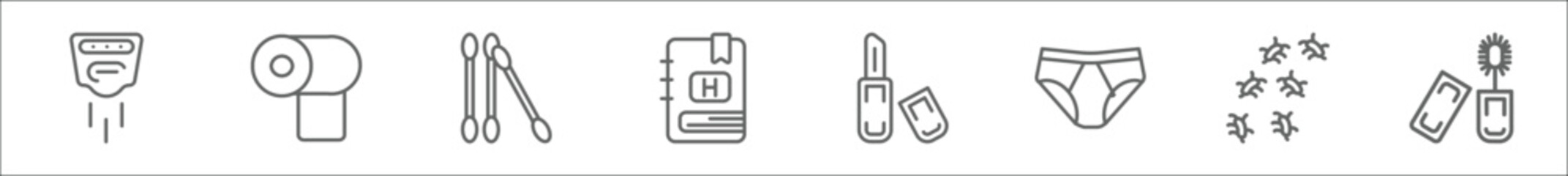 outline set of hygiene line icons. linear vector icons such as hand dryer, tissues, cotton swabs, appointment book, lip balm, underwear, microbes, dolled up