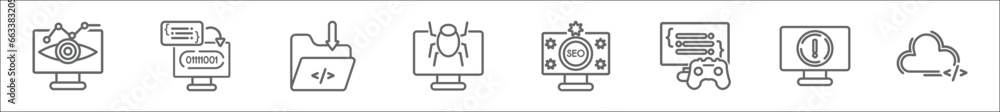 Poster outline set of programming line icons. linear vector icons such as seo monitoring, compiler, archive