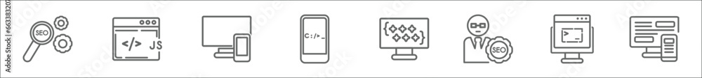 Poster outline set of programming line icons. linear vector icons such as seo configuration, js, cross-plat