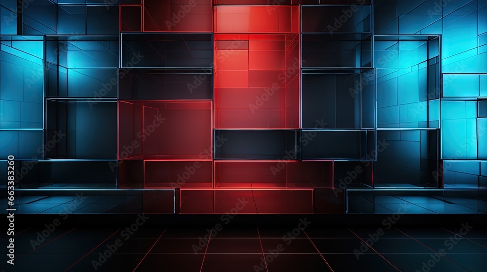 Poster a red and blue abstract background with squares and rectangles. generative ai