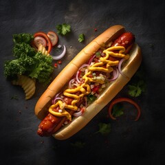 Hot dog z dodatkami - obrazy, fototapety, plakaty