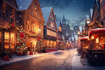 Christmas market in old town square at snowy evening. No people on the street. Decorated Christmas trees. Fairy tale winter scene. - obrazy, fototapety, plakaty