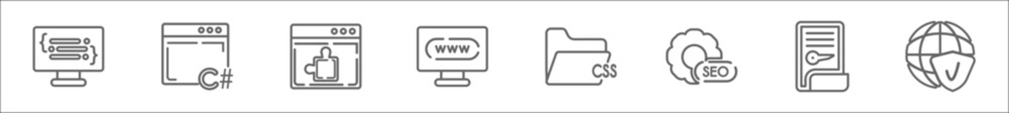 outline set of programming line icons. linear vector icons such as code listing, c sharp, plugin, www, css file format, seo, encripted file, secured network
