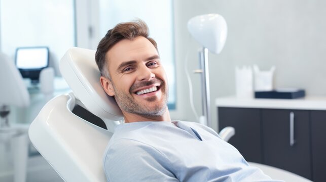 Perfect smile. Portrait of happy patient in dental chair. Man with a white smile