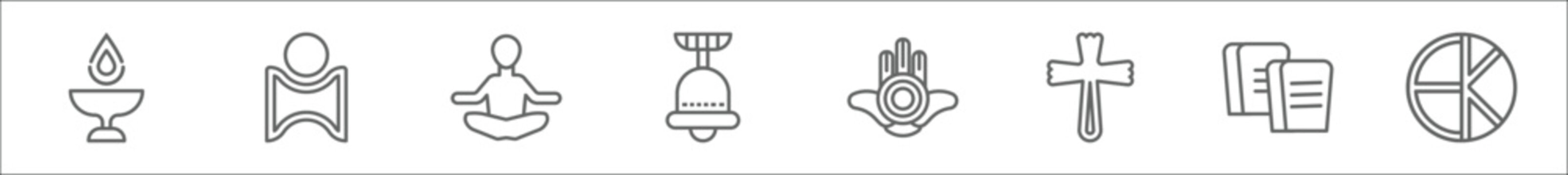 outline set of religion line icons. linear vector icons such as unitarian universalism, humanism, lotus position, standing bell, semitic neopaganism, induence, commandments, eckankar