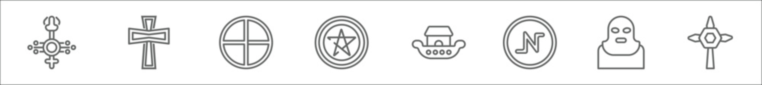 outline set of religion line icons. linear vector icons such as shiva, christian, paganism, wicca, noah ark, nihilism, , christian reformed church
