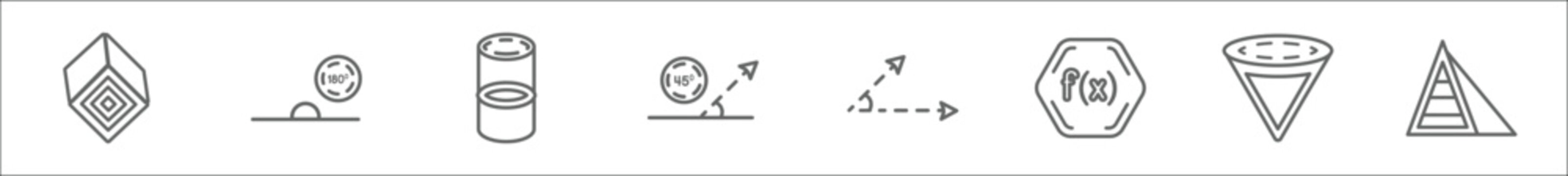 outline set of shapes line icons. linear vector icons such as rectangular prism, 180 degrees angle, cylinder volumetric, acute angle of 45 degrees, angle of acute, function, inverted cone,
