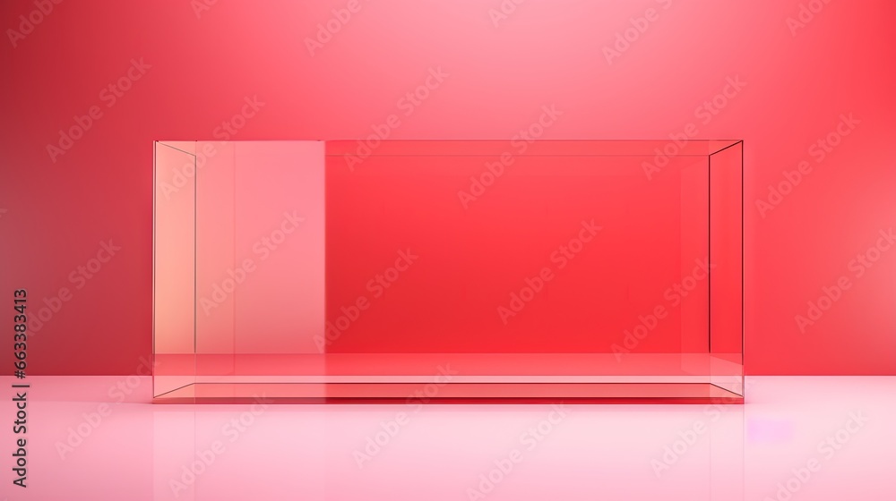Aufkleber an empty glass box sitting on a pink surface with a red background. generative ai