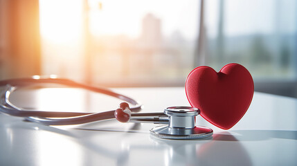 stethoscope and heart model in a medical hospital. - obrazy, fototapety, plakaty
