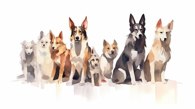 multicolored watercolor puppies on a white background.