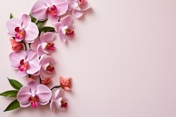 Fototapeta premium Orchid charm Pastel pink background for text with corner florals