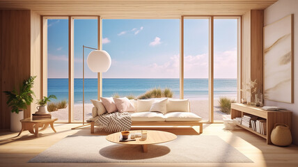 bright interior of a livingroom with a large window and a view of the sea and the beach.