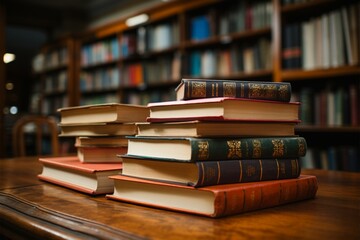 Organized books atop table, library shelves blur an academic backdrop