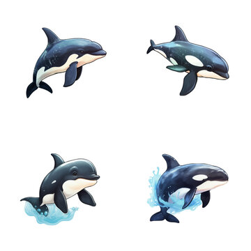 set of happy cute orca watercolor illustrations for printing on baby clothes, pattern, sticker, postcards, print, fabric, and books