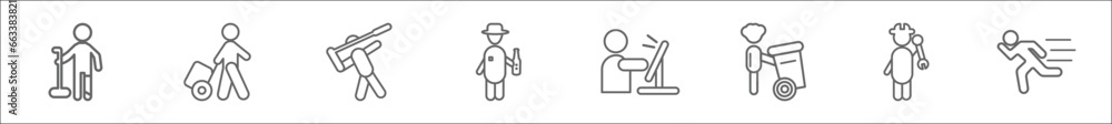 Poster outline set of behavior line icons. linear vector icons such as man with broken leg, man travelling,