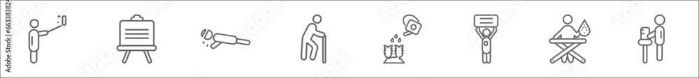 Poster outline set of behavior line icons. linear vector icons such as man taking a selfie, presentation wh
