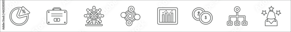 Aufkleber outline set of business line icons. linear vector icons such as pie graphic, rectangular briefcase, 