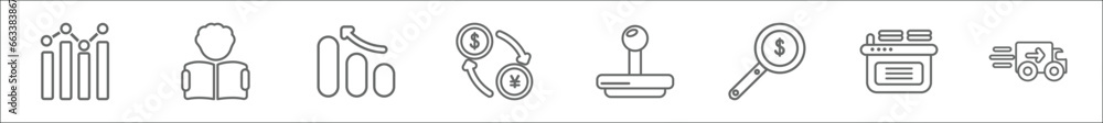 Poster outline set of business line icons. linear vector icons such as statistical chart, reader, growing b